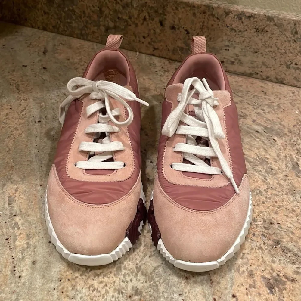 Hermes Parachute Fabric Suede Goatskin Bouncing Sneakers Rose Rose in a 38